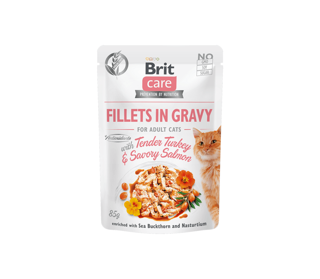 Brit Care Fillets in Gravy Tender Turkey & Savory Salmon märgtoit kassidele 85 g
