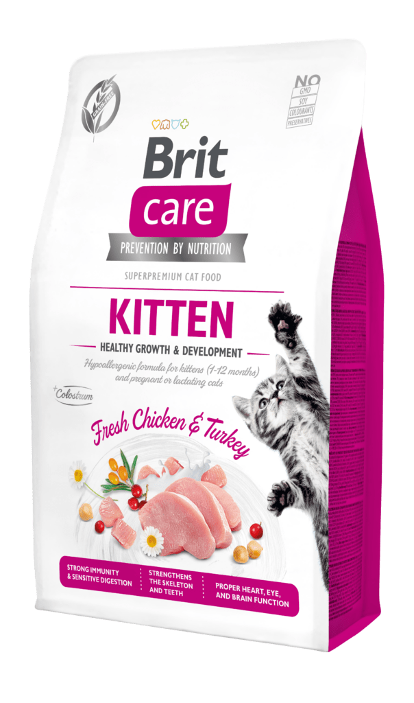 Brit Care teraviljavaba hüpoallergeenne täistoit värske kana- ja kalkunilihaga kassipoegadele ning tiinetele ja imetavatele kassidele, 2 kg