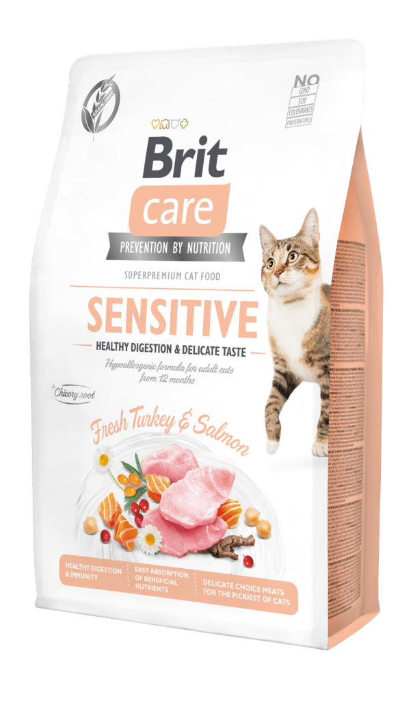 Brit Care hüpoallergeenne täistoit värske kalkuni ja lõhega tundliku seedimise ja toitumisprobleemidega täiskasvanud kassidele, 2 kg