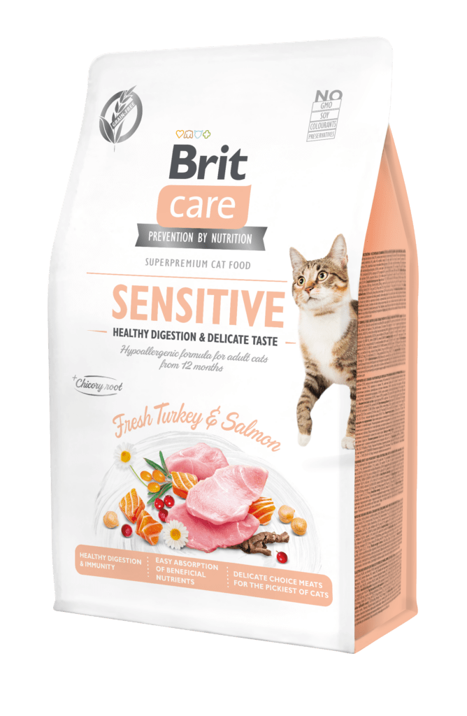 Brit Care hüpoallergeenne täistoit värske kalkuni ja lõhega tundliku seedimise ja toitumisprobleemidega täiskasvanud kassidele, 0,4 kg