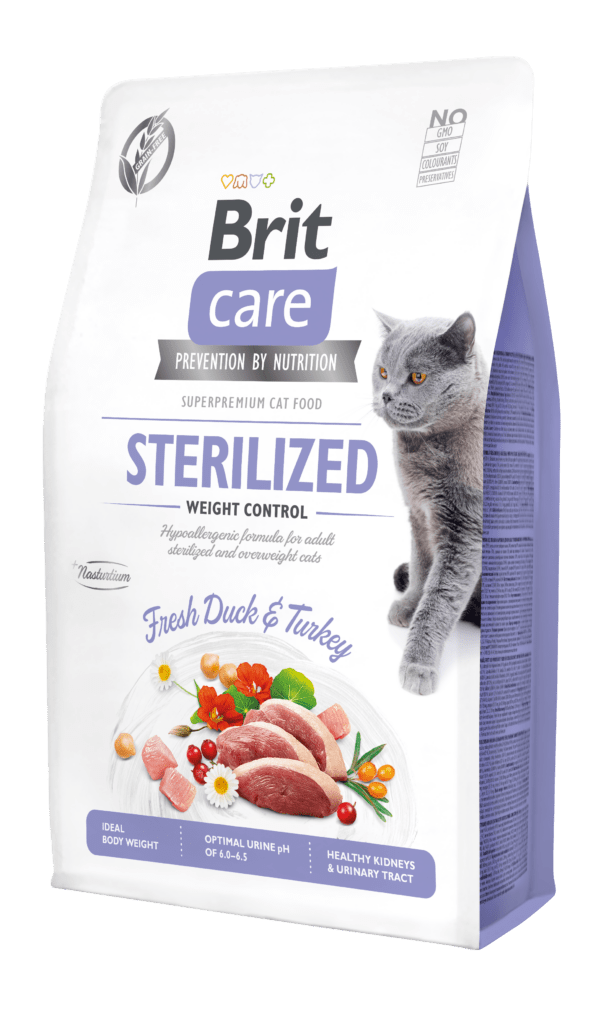 Brit Care teraviljavaba hüpoallergeenne täistoit steriliseeritud ja ülekaalulistele täiskasvanud kassidele kalkuni ja värske pardilihaga, 2 kg
