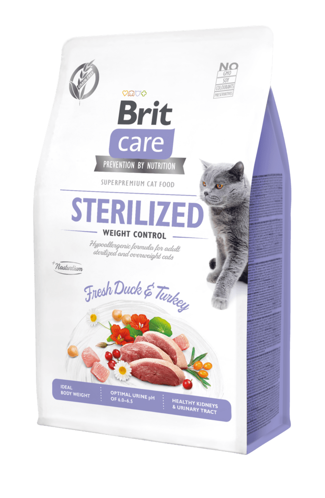 Brit Care teraviljavaba hüpoallergeenne täistoit steriliseeritud ja ülekaalulistele täiskasvanud kassidele kalkuni ja värske pardilihaga, 0,4 kg