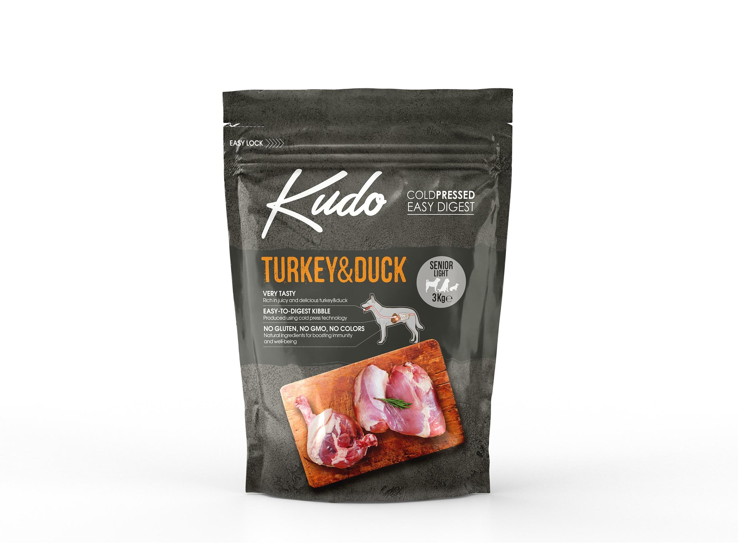 8606109019787.jpg Kudo Turkey & Duck Senior Light külmpressitud koeratoit 3kg - Image 1